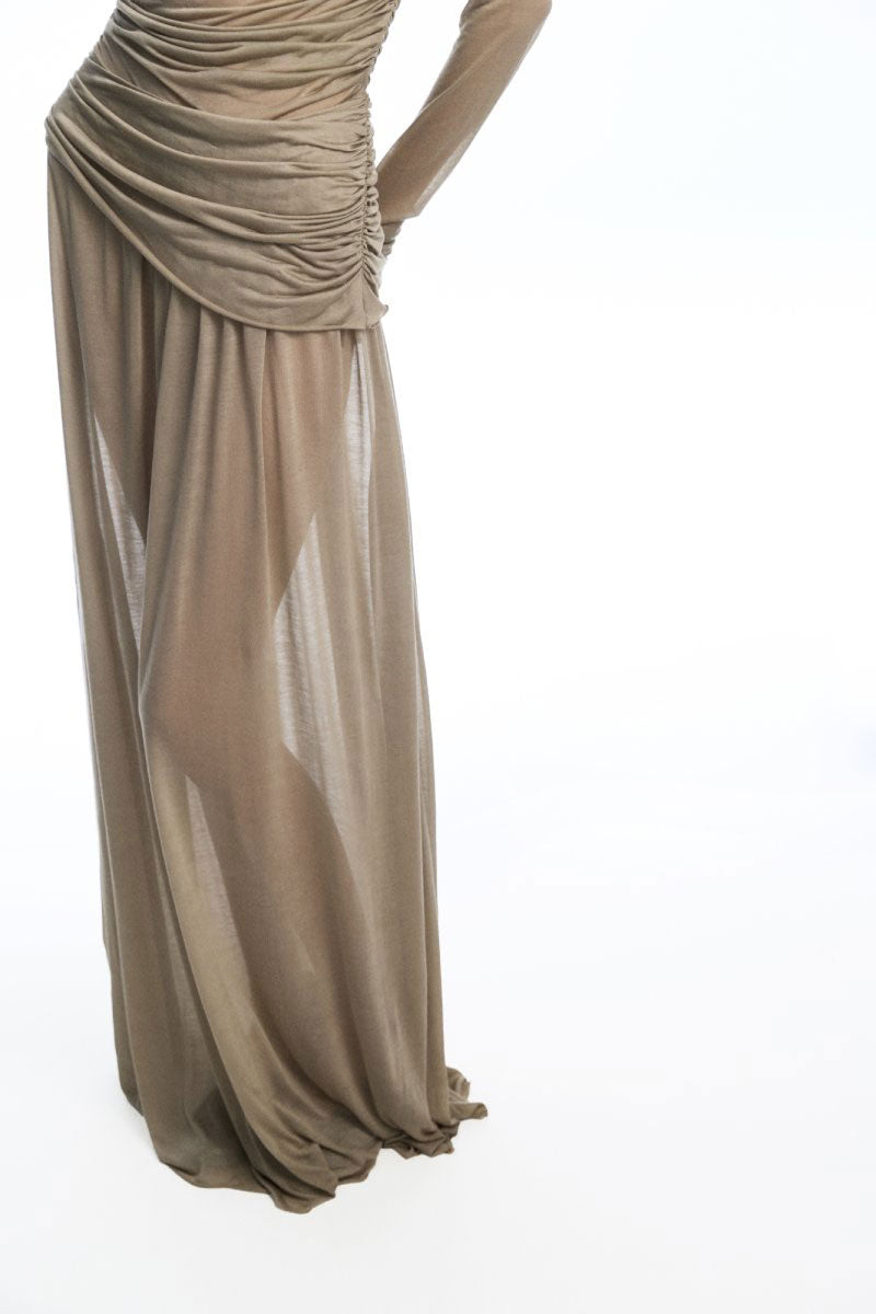 Chictopia draped jersey maxi dress with flowing fabric and elegant silhouette, shown in a full-length view.