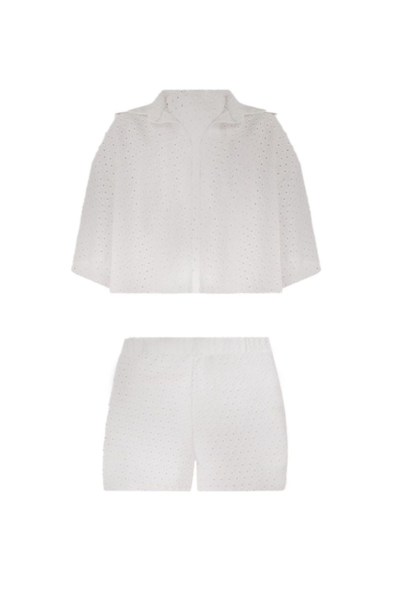 Nur Karaata Dorothy White Co-ords set featuring a stylish white top and matching pants, perfect for casual or semi-formal wear.