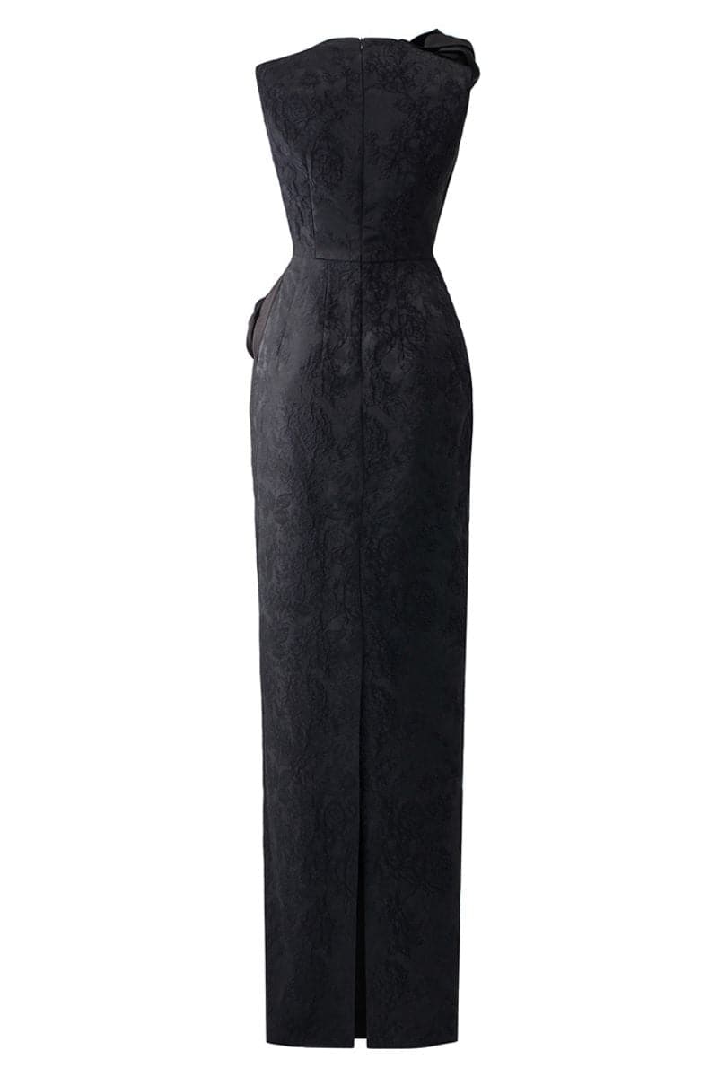 BLACK JACQUARD GOWN WITH DRAPED SATIN ROSES - CULT MIA