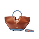 Saonara mini caramel and blue sky top handle bag with sleek design and gold-tone hardware, perfect for stylish everyday use.