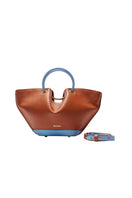Saonara mini caramel and blue sky top handle bag with sleek design and gold-tone hardware, perfect for stylish everyday use.