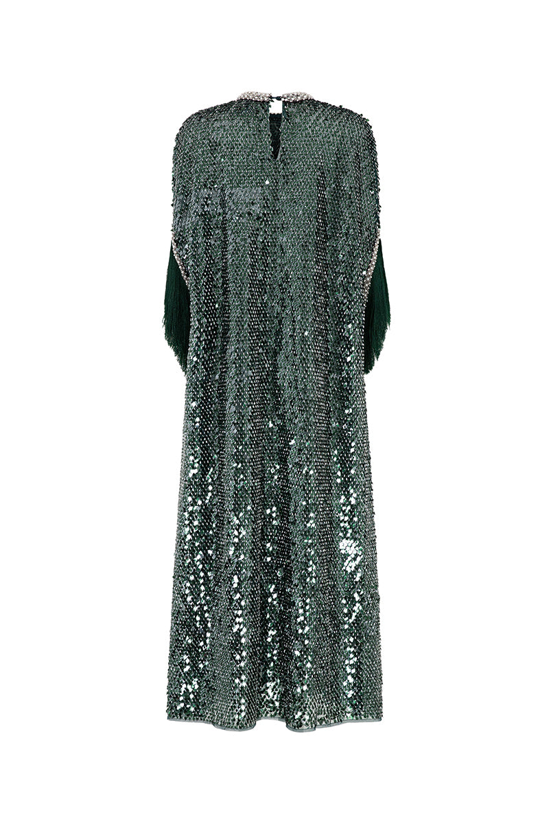 Green Valenciani pearl-trimmed sequin midi dress with long sleeves and elegant design, perfect for formal occasions.