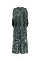 Green Valenciani sequin gown with pearl trim, featuring intricate detailing and elegant fabric, perfect for formal occasions.
