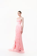 Blush pink strapless ruffle slit gown by Happy Clothing, flowing fabric with elegant ruffle details and high slit for formal occasions.
