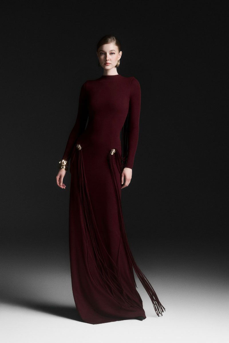 Red Avielle draped floor-length maxi dress by Maison Des Copains displayed on a model