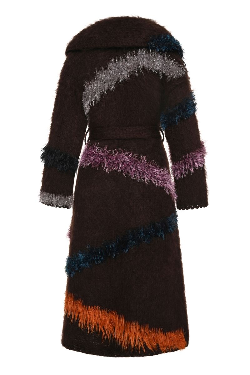 Lalo oversized multi-color coat with a belt, featuring a relaxed fit and stylish design, perfect for layered winter fashion.