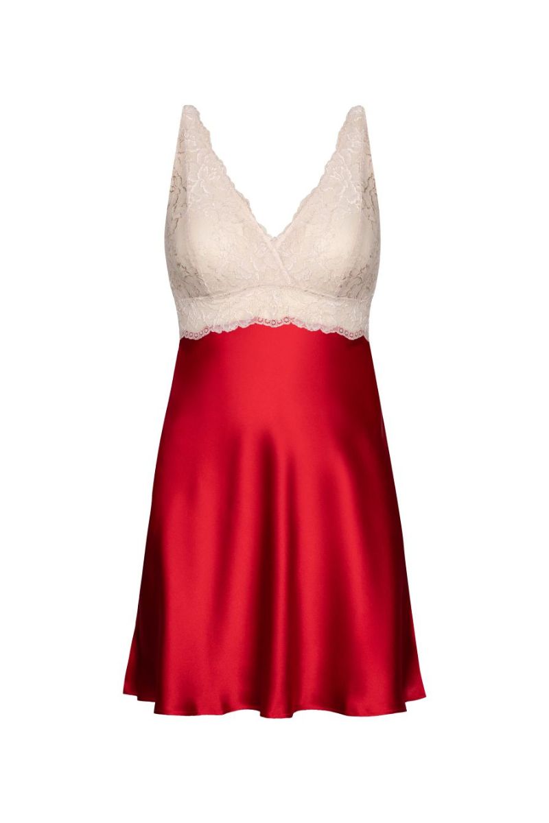 NK IMODE CULT MIA X NK IMODE MORGAN scarlet bust support chemise nightgown with fitted design and adjustable straps.
