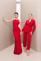 Joanna Andraos red hourglass co-ord suit set with fitted blazer and matching pants, stylish and tailored for a chic look.