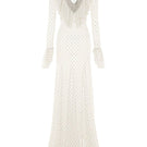 White Valenciani mermaid mesh maxi dress with fitted silhouette and flowing fabric, showcasing elegant design and intricate details.