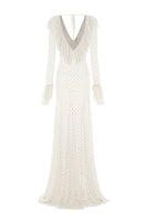 White Valenciani mermaid mesh maxi dress with fitted silhouette and flowing fabric, showcasing elegant design and intricate details.