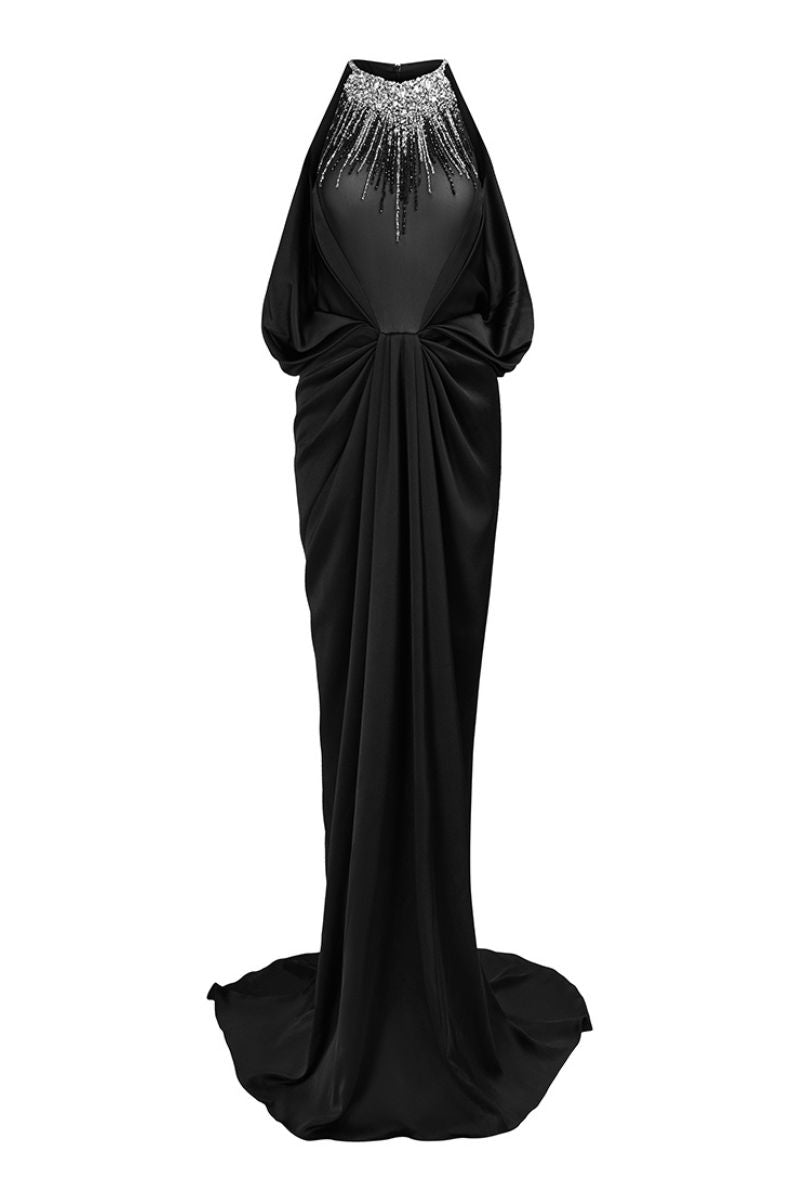 GLOWY BLACK DRAPED BEADED HALTERNECK GOWN - CULT MIA