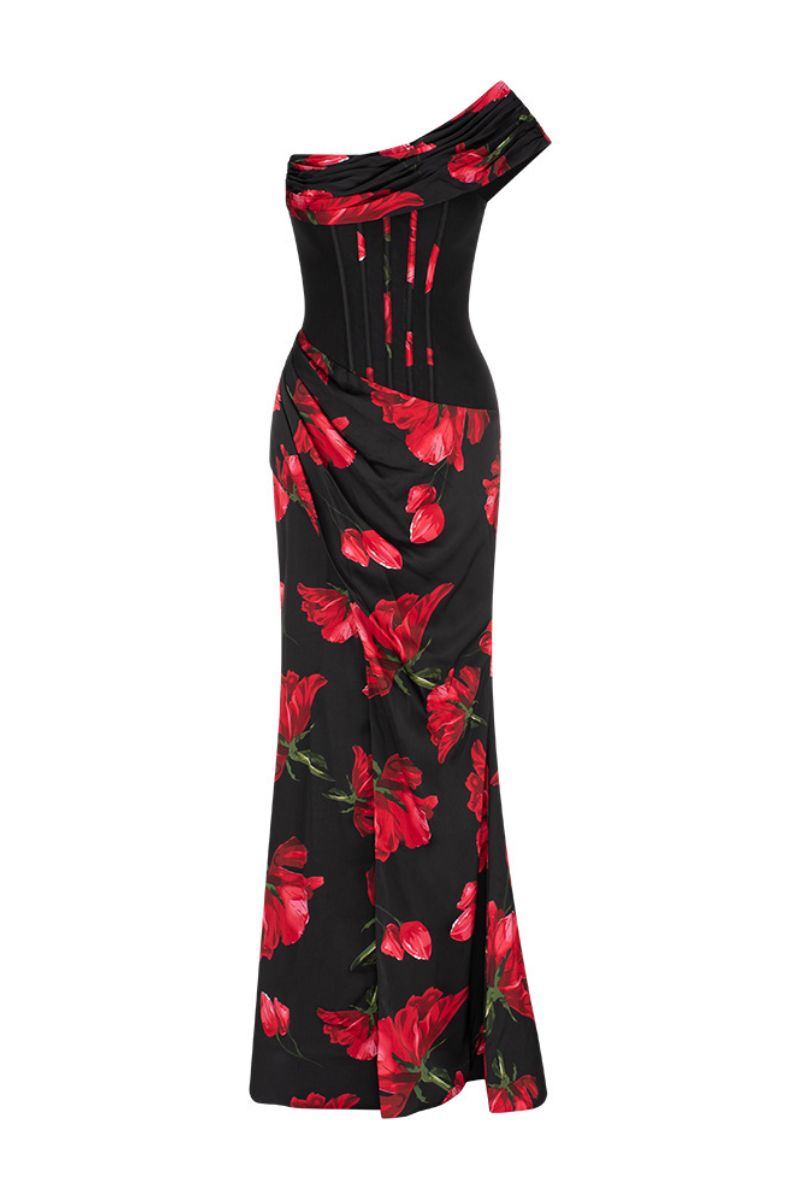 DALLAS ONE SHOULDER GOWN IN RED PRINT - CULT MIA