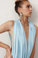Nazlı Ceren Vivienne long baby blue jersey maxi dress with flowing fabric and elegant design, perfect for casual or formal occasions.