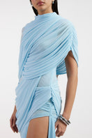 Deme By Gabriella Jovana draped blue maxi dress with flowing fabric and elegant silhouette, perfect for formal occasions.