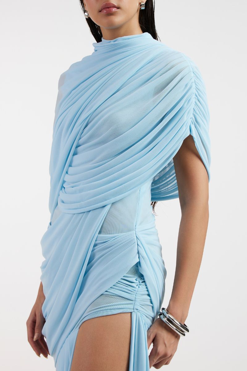 Deme By Gabriella Jovana draped blue maxi dress with flowing fabric and elegant silhouette, perfect for formal occasions.