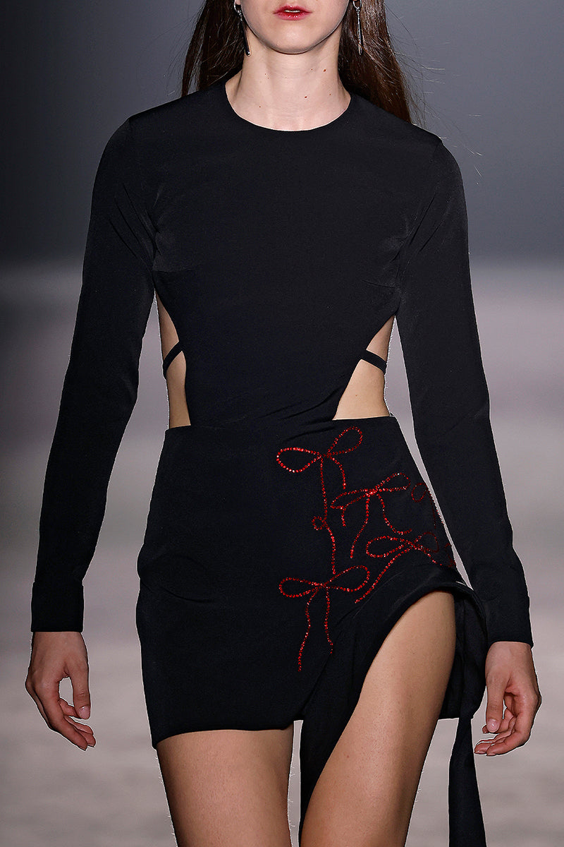 BLACK CRYSTAL BOW MINI DRESS - CULT MIA