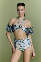 Nur Karaata Coconut Coastline Bikini featuring a tropical print with adjustable straps and a modern bikini design.