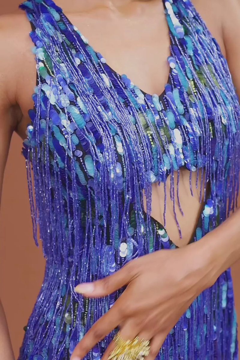 blue sparkle fringe dress Christen Metallic Sequin Fringe Party Dress