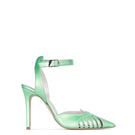 Terry de Havilland Maya heels in vibrant lime color, stylish open-toe design with ankle strap and block heel.
