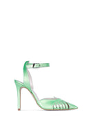 Terry de Havilland Maya heels in vibrant lime color, stylish open-toe design with ankle strap and block heel.