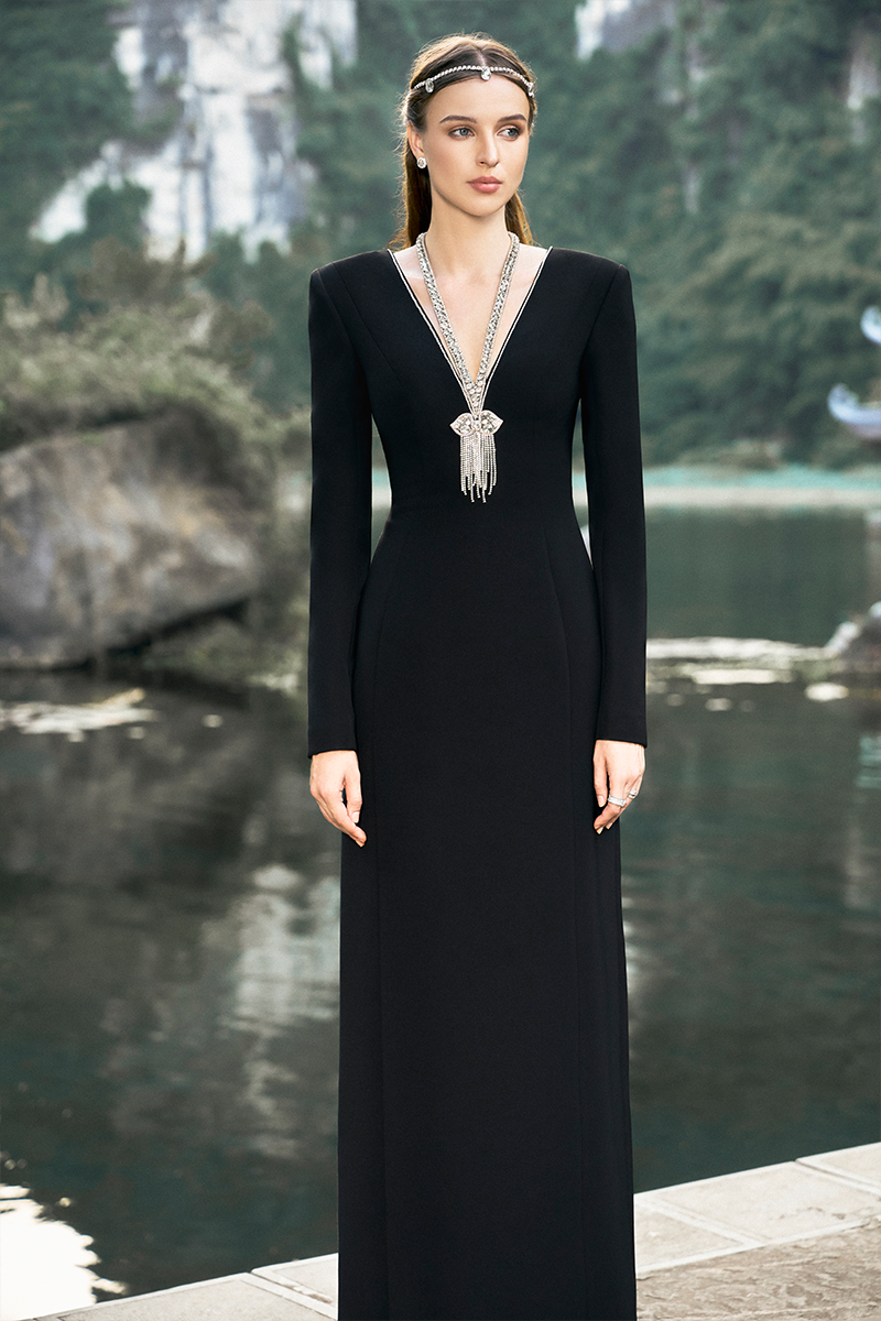 long sleeve long black dress with slit Black Long-sleeve Dress With Front Slit