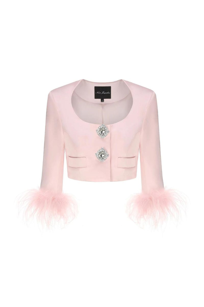 AMBRE PINK SATIN FEATHER-TRIMMED TOP - CULT MIA