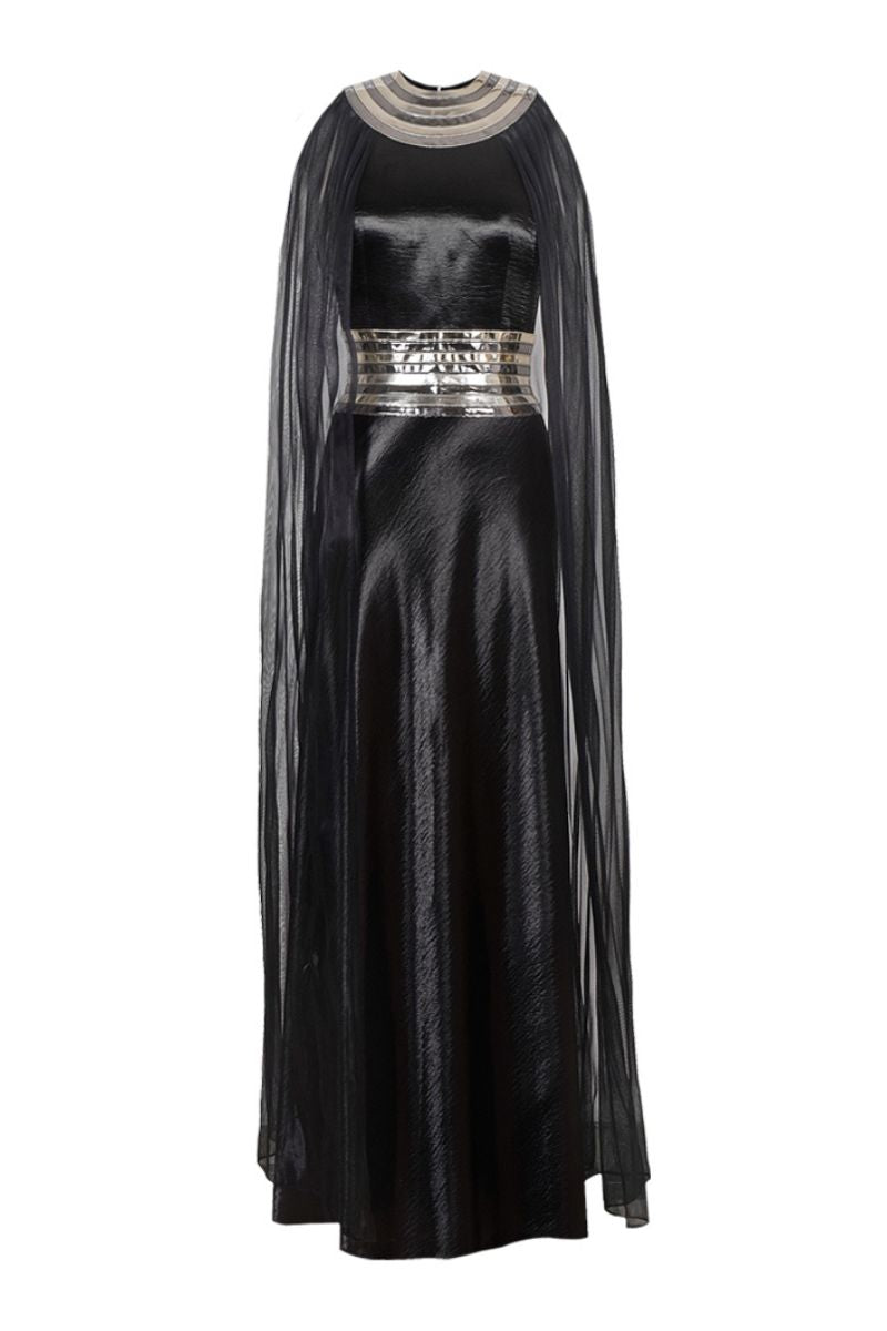 BLACK FALL-PANELLED TEXTURED SATIN GOWN - CULT MIA