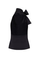 Mirel Prentice satin tie-neck open back top featuring a sleek, elegant design with a high neckline and exposed back detail.