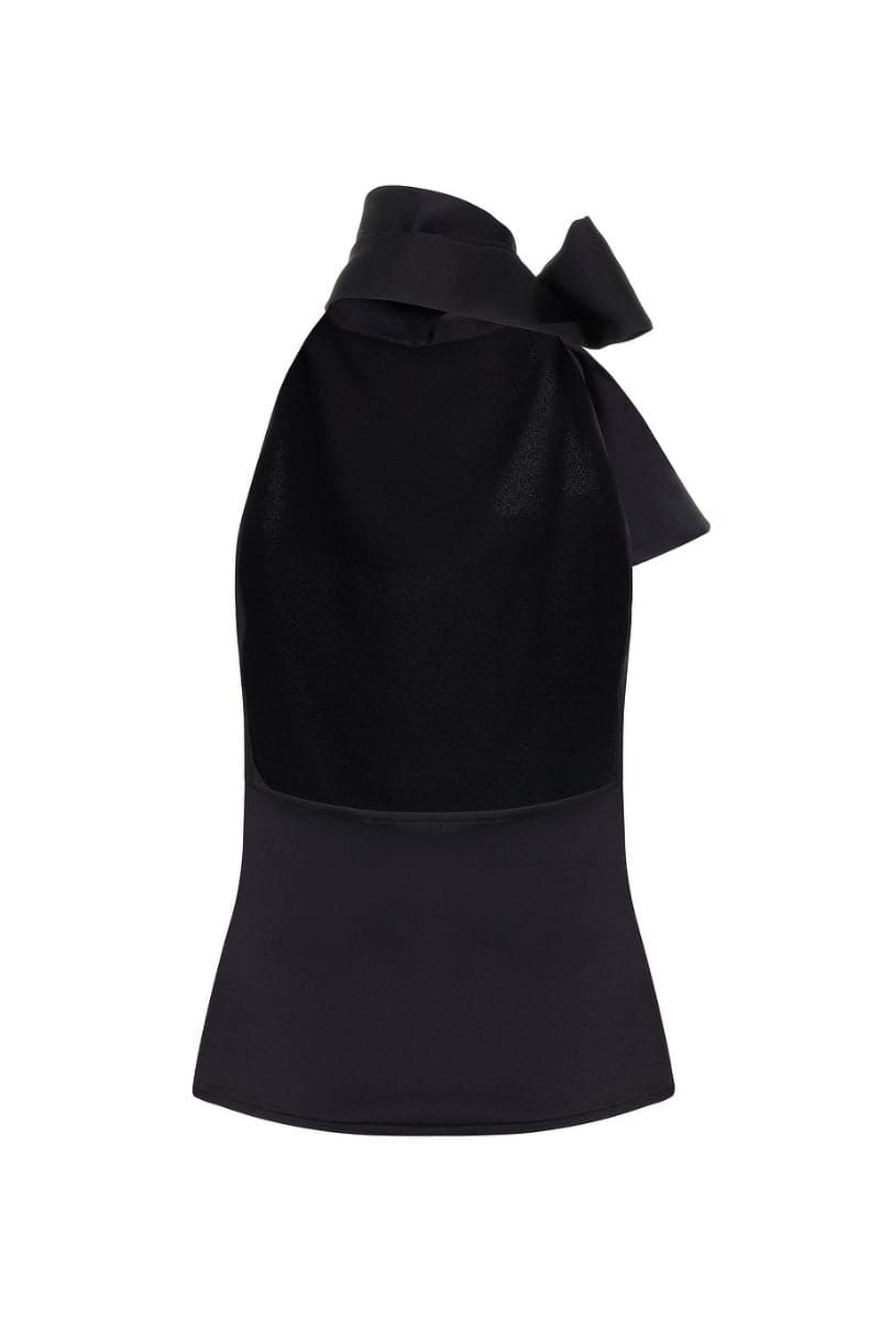 Mirel Prentice satin tie-neck open back top featuring a sleek, elegant design with a high neckline and exposed back detail.