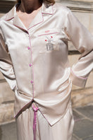 Silk long pajama set in blush pink from Not Just Pajama, featuring a comfortable, elegant design with smooth fabric and relaxed fit.