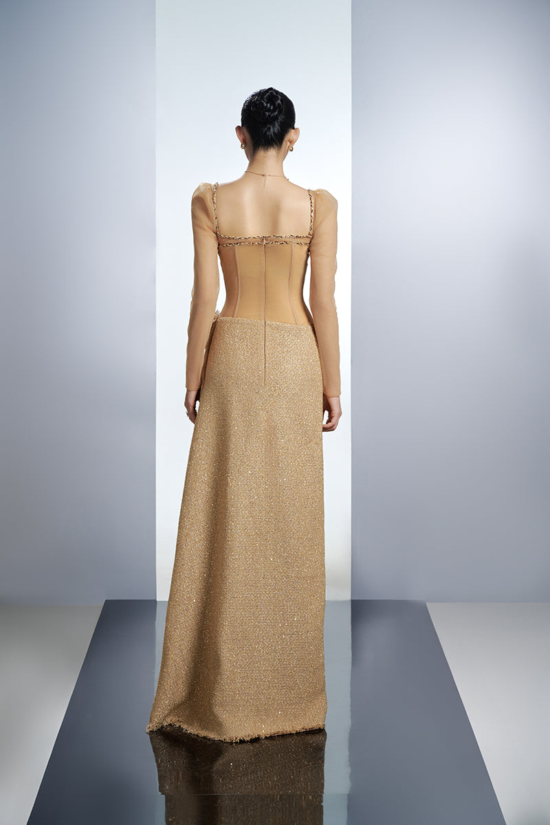 CRYSTAL BODYCON TWEED MAXI DRESS IN BEIGE - CULT MIA