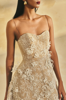 L'SCARLETT A-line spaghetti strap lace gown with a layered gitter lace design and elegant silhouette.