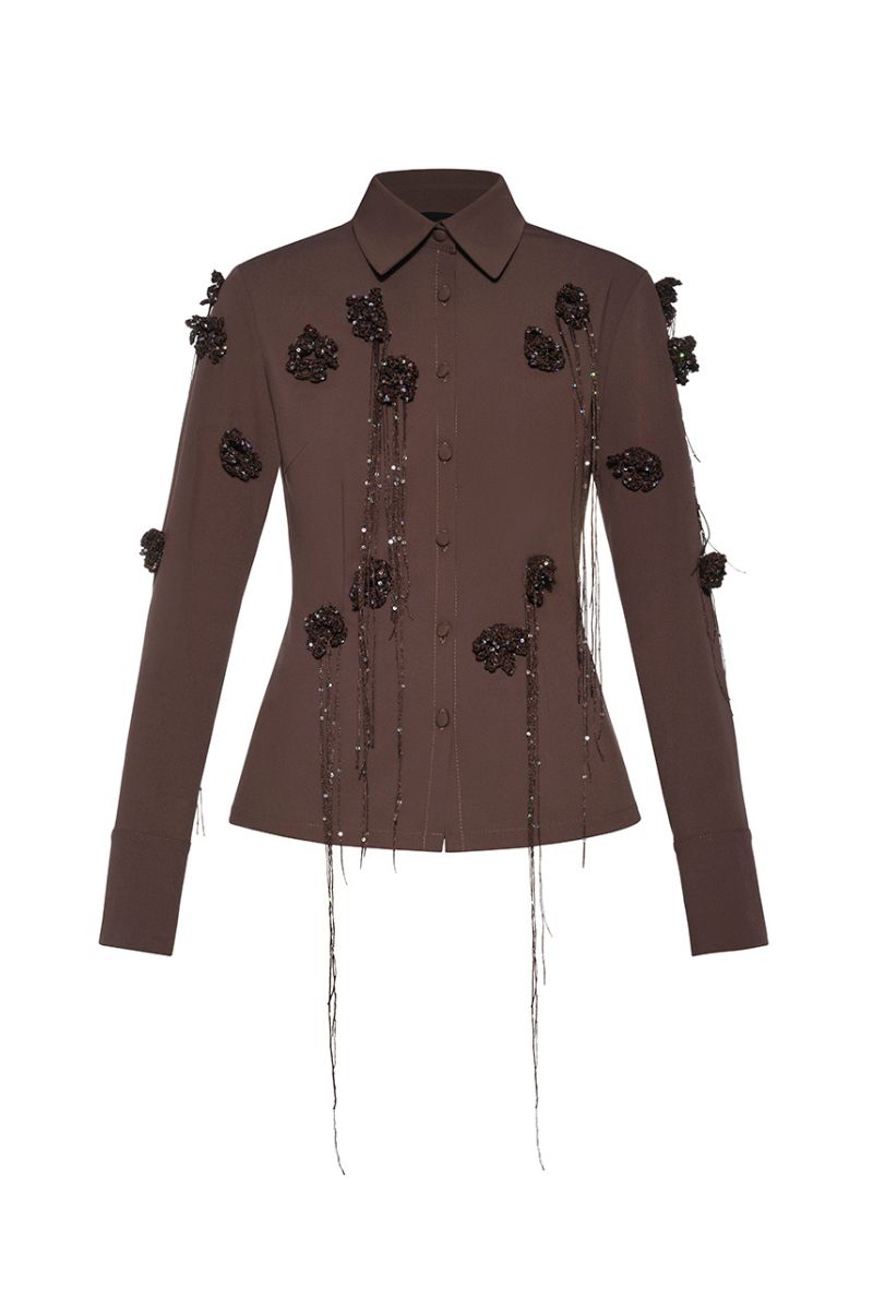 Lalo long sleeve button top with knitted floral patterns, featuring a classic design and soft fabric for casual wear.
