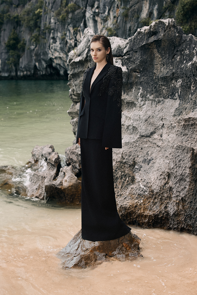Black pearl taffeta co-ord set by Lune De Soie featuring a stylish top and matching high-waisted pants.