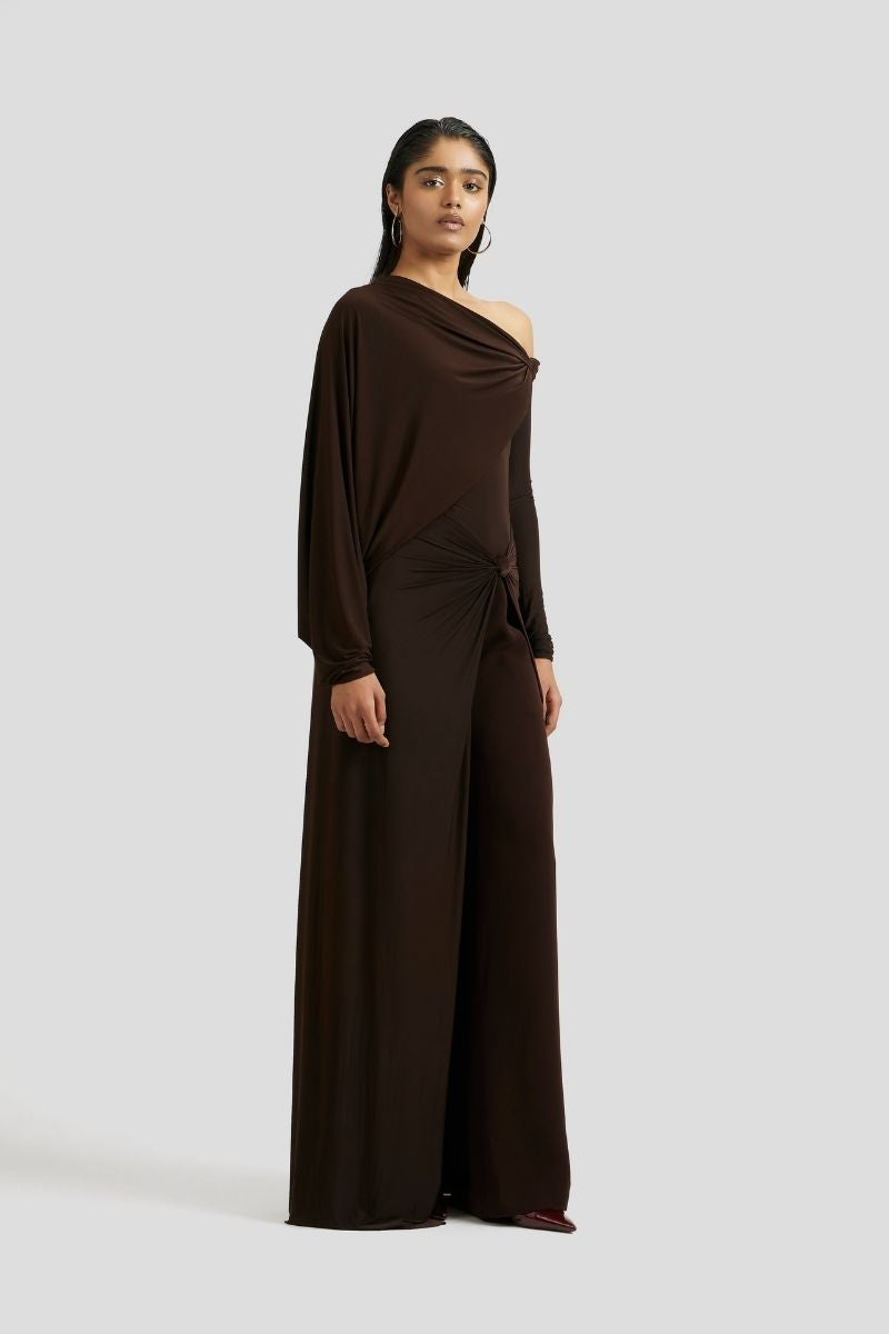 Deme By Gabriella chocolate brown co-ord set featuring a matching top and pants, stylish and comfortable for casual wear.
