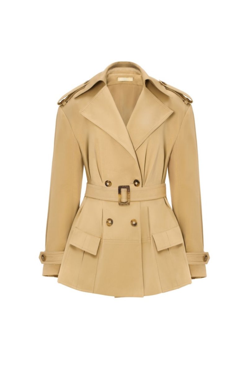 Montsand camel trench jacket with classic design, featuring a belted waist and button details, perfect for stylish outerwear.