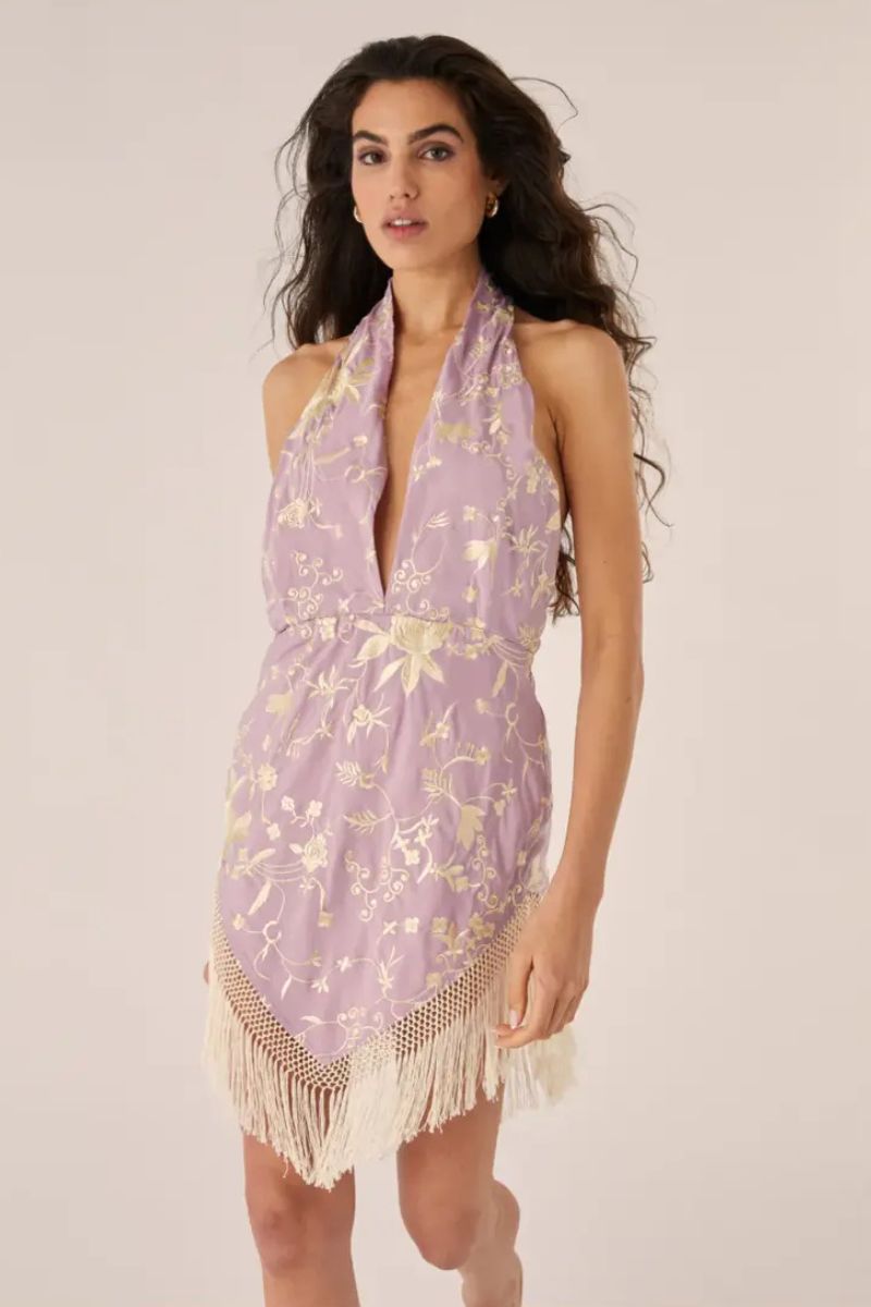 Señorita Rosario Lilac Mini Dress featuring a fitted bodice and flowy skirt, perfect for stylish summer occasions.