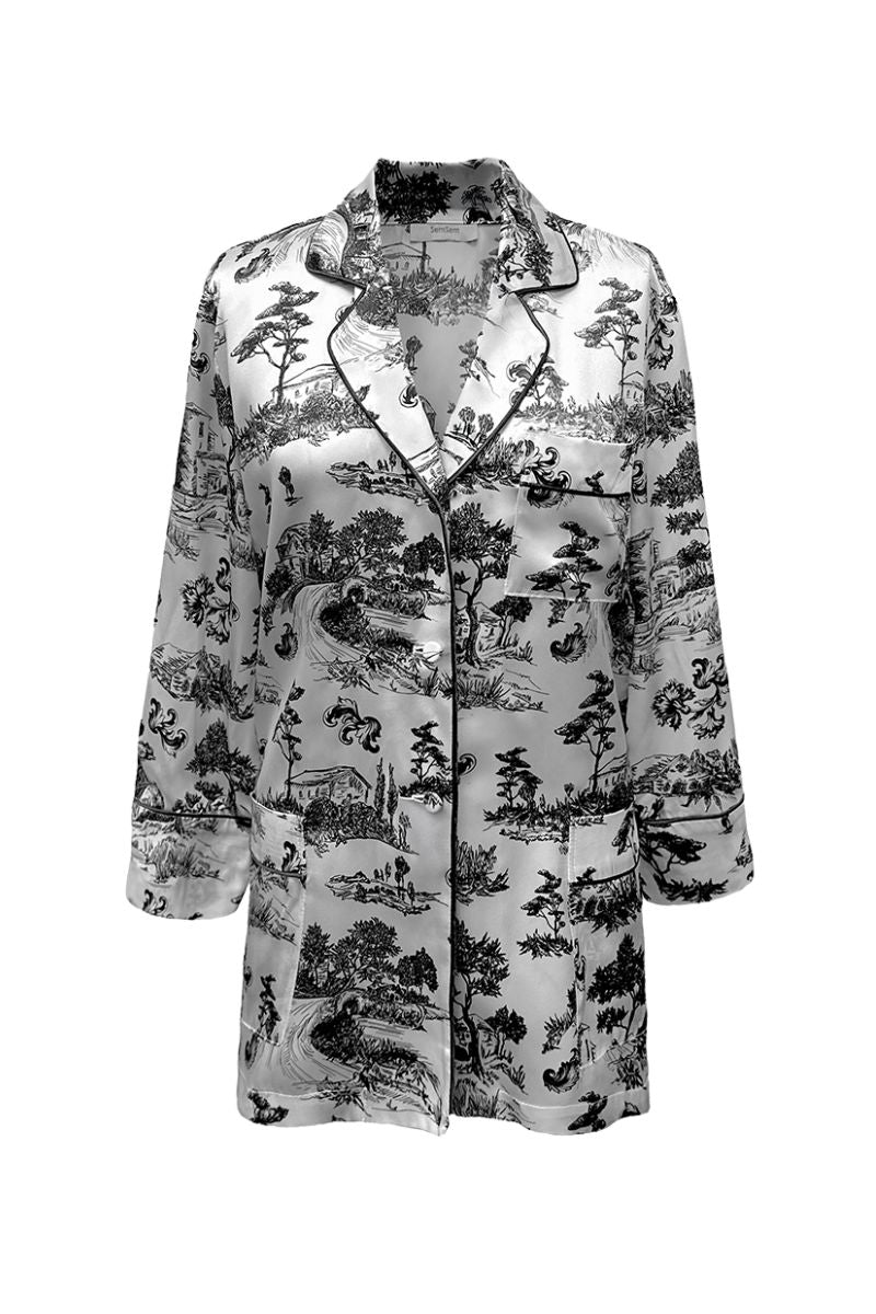 PRINTED SILK PAJAMA TOP WITH CRYSTAL TRIM DETAIL IN INK PRINT - CULT MIA