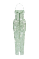 Mint Annabelle tulle maxi dress by 21Six, flowing fabric with a fitted bodice and elegant, layered skirt.