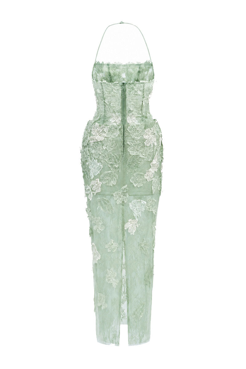 Mint Annabelle tulle maxi dress by 21Six, flowing fabric with a fitted bodice and elegant, layered skirt.
