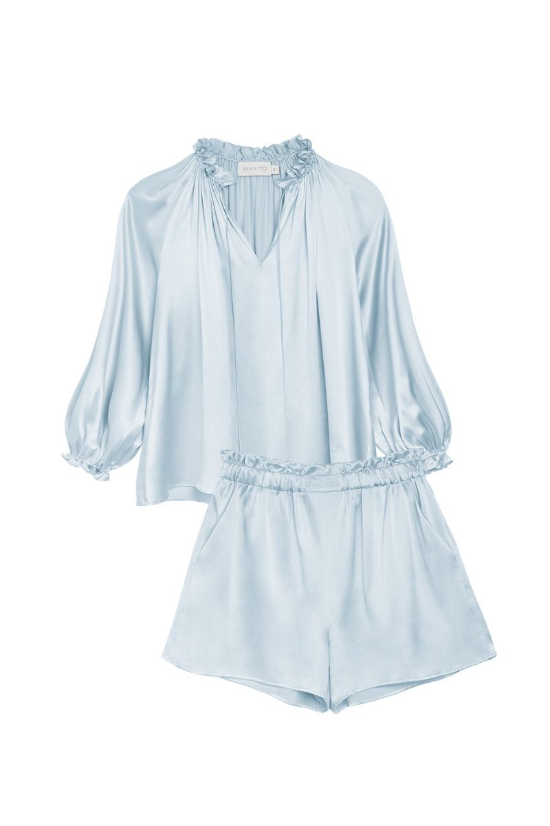 SOPHIA RUFFLE TRIM BLOUSE AND SHORTS IN BLUE - CULT MIA