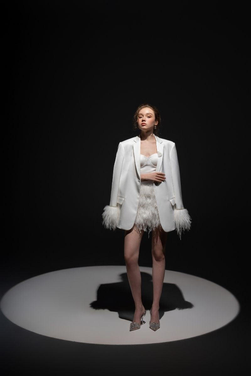 White Kiera taffeta feather blazer set from 21Six, featuring a stylish co-ord with feather details and tailored fit.