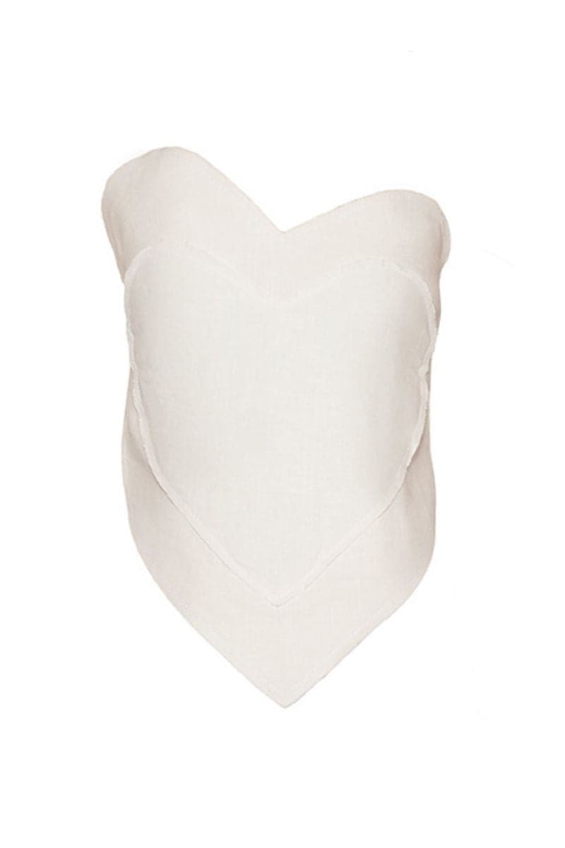 Liya white sweetheart top with fitted bodice and off-shoulder design, perfect for stylish casual or dressy occasions.