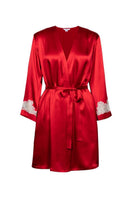 NK IMODE Cult MIA X NK IMODE Morgan short robe in scarlet, showing a vibrant red silk robe with a relaxed fit, front tie, and wide sleeves.