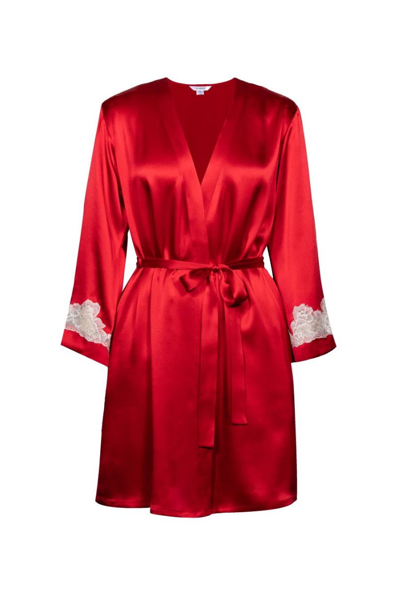 NK IMODE Cult MIA X NK IMODE Morgan short robe in scarlet, showing a vibrant red silk robe with a relaxed fit, front tie, and wide sleeves.
