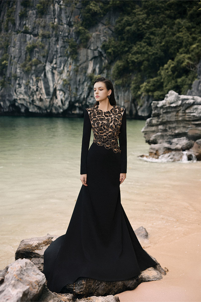 satin dress with floral embellishment Floral Embellished Satin Dress With Puff Sleeves