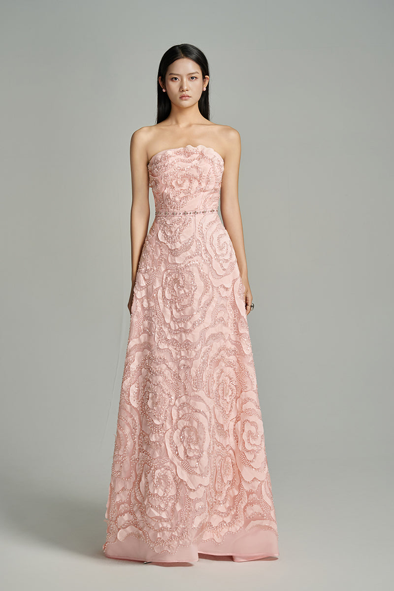 Pink CULT MIA X HAPPY CLOTHING flower wave A-line gown with matching scarf, featuring floral details and elegant design.