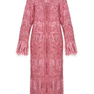 Lalo hand-knit pink metallic coat with a cozy fit, featuring a textured knit pattern and shiny metallic finish.