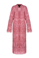 Lalo hand-knit pink metallic coat with a cozy fit, featuring a textured knit pattern and shiny metallic finish.