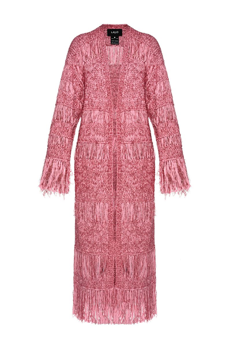 Lalo hand-knit pink metallic coat with a cozy fit, featuring a textured knit pattern and shiny metallic finish.
